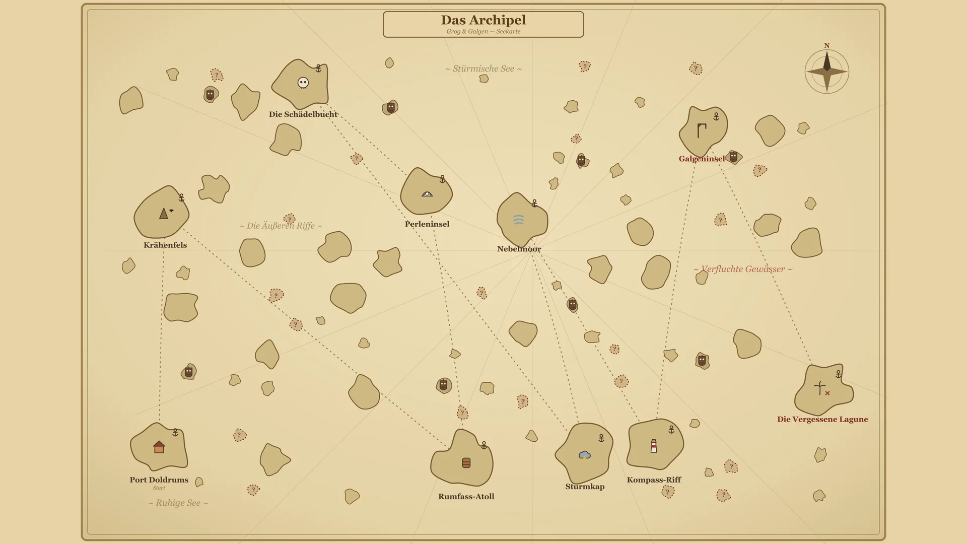 Grog & Galgen – Seekarte des Archipels mit Port Doldrums, Nebelmoor und der Galgeninsel
