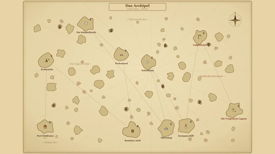 Grog & Galgen – Seekarte des Archipels mit Port Doldrums, Nebelmoor und der Galgeninsel